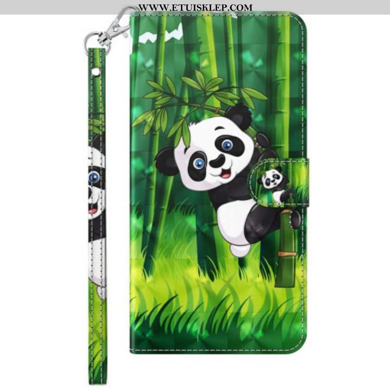 Skórzany Futerał do Moto G73 5G z Łańcuch Panda I Bambus Z Smyczą